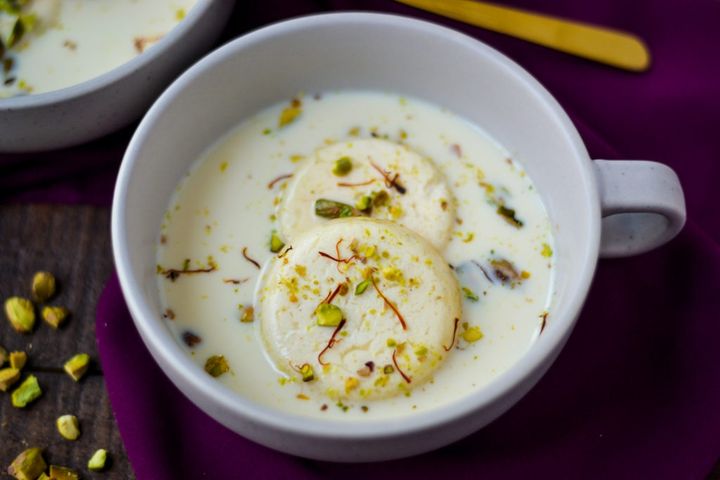 Rasmalai – Spongy cheese balls floating in saffron-cardamom milk – delicate, aromatic, and  | SPICE ROOM Denver
